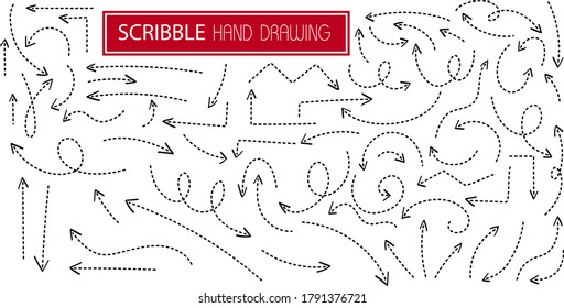 Big set black scribble arrows icons in hand drawn style. Doodle arrow sketch sign and set of hand drawn. Vector illustration on white background
