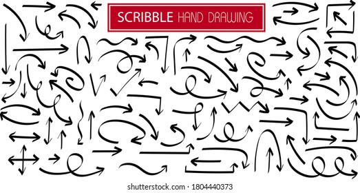 Big set black scribble arrows icons in hand drawn style. Doodle arrow sketch sign and set of hand drawn. Vector illustration on white background
