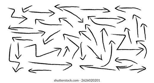 Big set black scribble arrows icons. Set of brush strokes, arrows. doodles sketch scribble hand drawn handmade pencil pen marker set. Bold brush strokes with scratches,