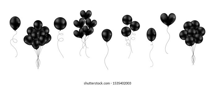 Big set of black shiny balloons different style isolated float on white background. Vector illustration.