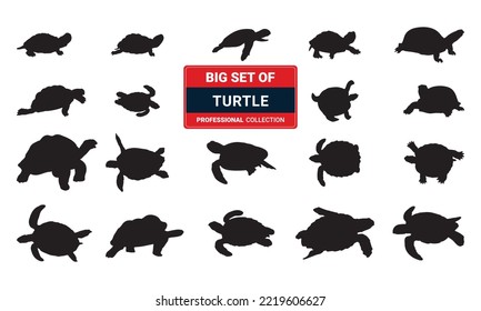 
Big Set of black silhouette big sea turtle cartoon cute animal design ocean tortoise swimming in water flat vector illustration isolated on white background.
