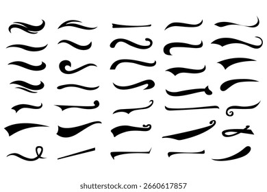 Big set of black silhouette vector swooshes. Various hand-drawn underline tails for sport lettering