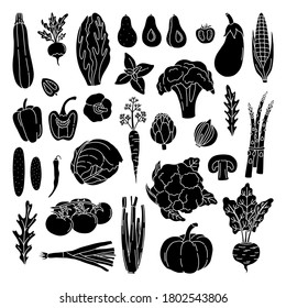 Big set of black silhouette vegetables on white background in flat doodle style. Bundle of hand drawn fresh vegetarian food. Simple vector illustration, isolated.