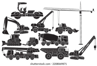 Big set black silhouetteof construction equipment. Special machines for construction work. Loaders, cranes, excavators, bulldozers, trucks. Special equipment. Road repair. Construction. Commercial veh