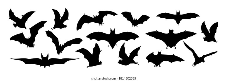 Big set of black silhouettes of bats, vector