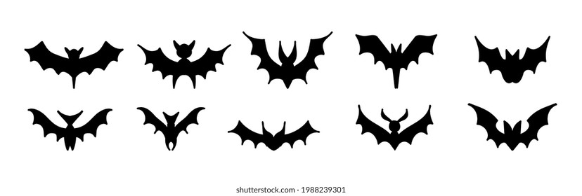 Gran conjunto de siluetas negras de murciélagos, vector aislado sobre fondo blanco