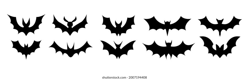 Big set of black silhouettes of bats, vector isolated on white background	