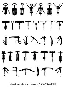 Big set of black silhouettes of corkscrew, vector 