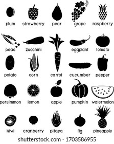 Big set of black silhouettes of different vegetables and fruits in flat style isolated on white background