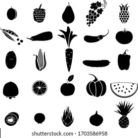 Big set of black silhouettes of different vegetables and fruits in flat style isolated on white background
