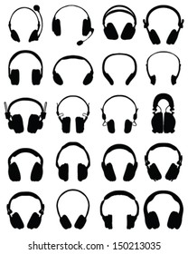 Big set of black silhouettes of headphones, vector