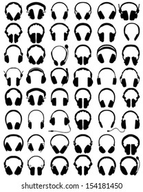 Big set of black silhouettes of headphones, vector