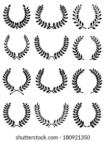Big set of black silhouettes of laurel wreaths, vector 
