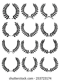Gran conjunto de siluetas negras de flores de laurel, vector