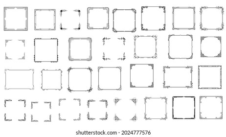 Big Set Black Line Frame Collection Doodle Square Floral Frame Elements Vektordesign Style Sketch isoliert Illustration für Banner