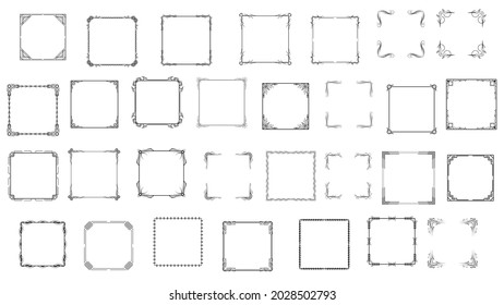 Big Set Black Simple Line Frame Collection Doodle Square Floral Frame Elements Vector Design Style Sketch Isolated Illustration For Banner