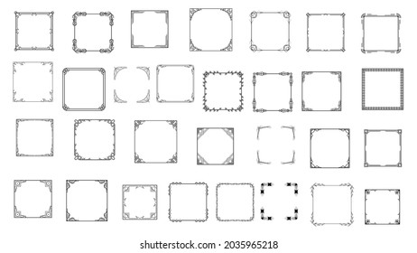Big Set Black Simple Line Frame Collection Doodle Square Floral Frame Elements Vector Design Style Sketch Isolated Illustration For Banner