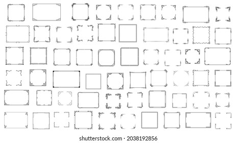 Big Set Black Simple Line Frame Collection Doodle Square Floral Frame Elements Vector Design Style Sketch Isolated Illustration For Banner