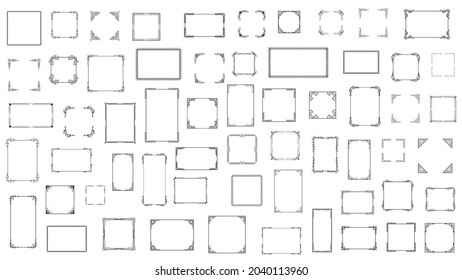 Big Set Black Simple Line Frame Collection Doodle Square Floral Frame Elements Vector Design Style Sketch Isolated Illustration For Banner