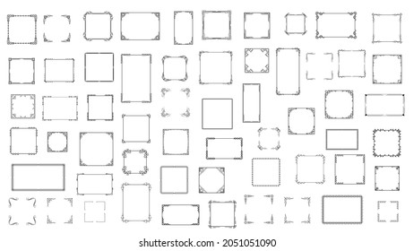 Colección de marcos de línea simple negro de gran tamaño Doodle Square Floral Frame Elements Vector Diseño Esbozo de estilo Isolación Ilustración Para Banner