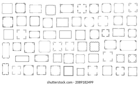 Big Set Black Simple Line Frame Collection Doodle Square Floral Frame Elements Vector Design Style Sketch Isolated Illustration For Banner