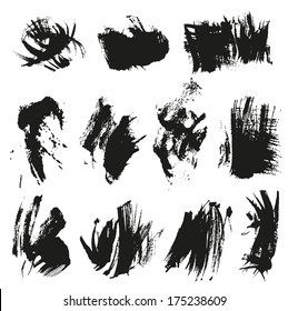 Big set black texture paint smears on white background