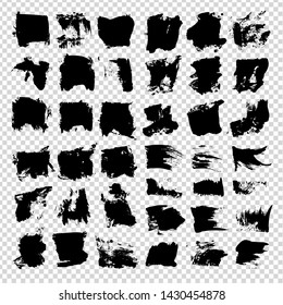Big set of black textured abstract strokes isolated on imitation transparent background