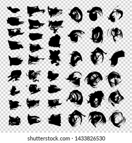 Big set of black textured figured strokes isolated on imitation transparent background