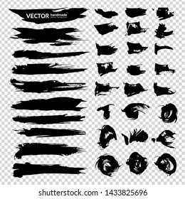 Big set of black textured smooth and curly strokes isolated on imitation transparent background