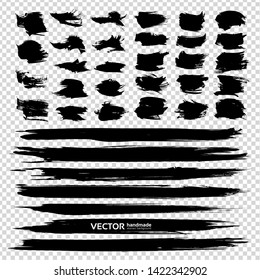 Big set of black textured strokes isolated on imitation transparent background