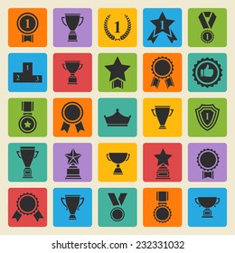 Big set of  black vector award success and victory icons with trophies stars cups ribbons rosettes medals medallions wreath and a podium on a color square