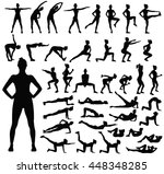 Big set of black vector silhouettes of slim woman doing fitness workout in many different position. Many icons of girl doing sport exercises. Active and healthy life concept.
