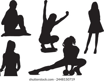 Big set of black vector silhouettes of slim woman. Easy editable layered vector illustration