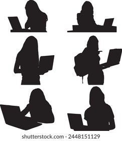 Big set of black vector silhouettes of Girl with Laptop. Easy editable layered vector illustration