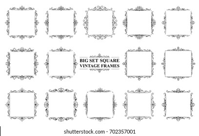 Big set of black vintage square elegant frames with floral ornament and monograms on white background