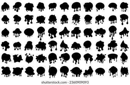 Big set of black watercolor paint brush texture. Abstract artistic ink splatter paint splatter, drops, dots, wet dye prints. Grunge water, spray drop spatter, blot splatters, silhouettes. Vector