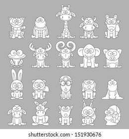 Big set black and white animals. Vector illustration