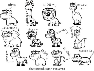 Big set of black and white cartoon animals