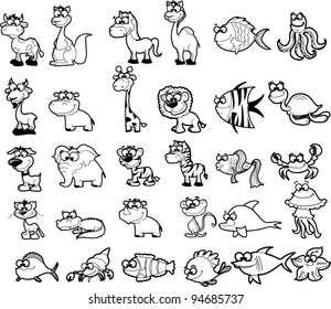 Big set of black and white cartoon animals, vector