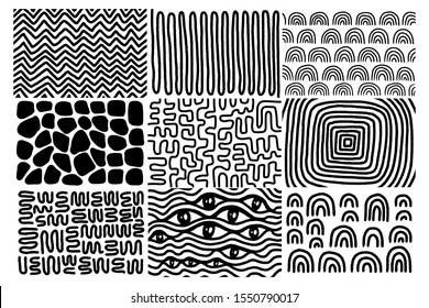 Big set of black and white contrast backgrounds wallpapers hand drawn in cartoon comic style circle eyes dots lines waves rainbows