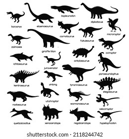 Big set of black and white dinosaur silhouettes isolated on white background. 