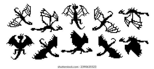 Big set of black and white dragons pixel silhouettes and outline design elements. Pixel art style design for new year 2024 package, home textile, embroidery, clipart, sticker, poster, t-shirts print.