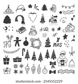 Big set black and white elements for Christmas and winter holidays. Vector illustration