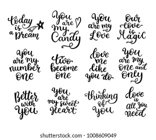 big set of black and white hand written lettering phrase about love to valentines day design 