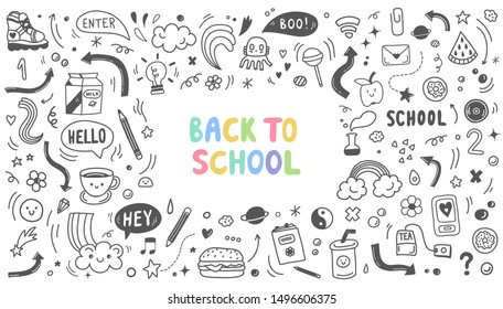 Big set of black and white hand drawn school doodle elements,symbols and stationery.Back to school lettering.Funny kids doodle background.Vector clip art web icons