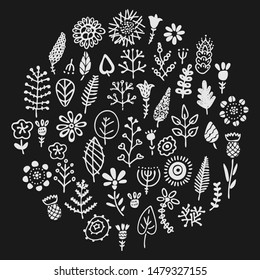 
Big set with black and white leaves, dried flower and sticks in modern scandinavian style. Cute hand drawn bicolor collection, monochrome modern design elements.