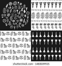 Big set with black and white leaves, dried flower and sticks in modern scandinavian style. Cute hand drawn bicolor collection, monochrome modern design elements.
