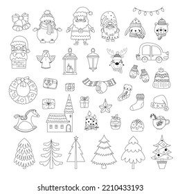 Big set of black and white linear christmas elements. Winter holiday symbol collection isolated on white background.