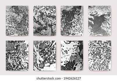 Big set of black and white marble. Decorative texture. Watercolour stains. Abstract painted waves. Liquid paints. Vector trendy background for posters, cards, websites, invitations, wallpapers.