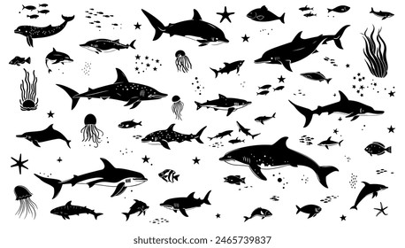 Big set of black white silhouette isolated sea ocean north animals vector illustration. Wildlife arctic cartoon symbol and underwater life. Exotic collection dolphin and jellyfish nature